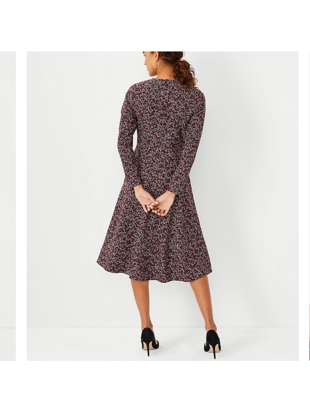 Ann Taylor Burgundy and Black Long-Sleeve Printed A-Line Dress size 14 - Picture 3 of 7